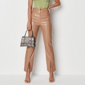 Misguided split front straight leg mocha faux leather pants NWT